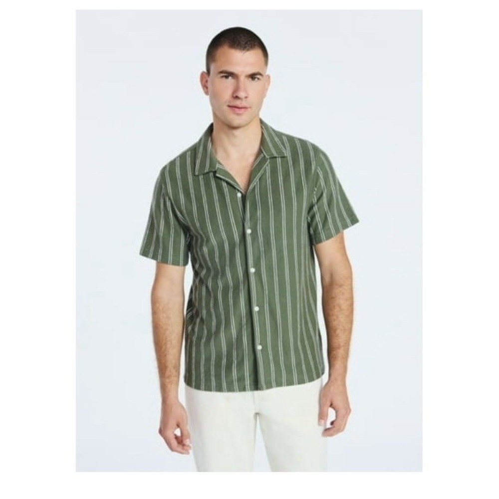 Free Assembly Men's M Regular Green White Striped Short Sleeve Button-Up Shirt